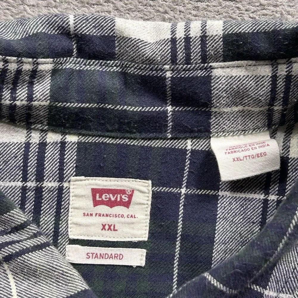 Levi's Pearl Snap Plaid Shirt Men's XXL Western Long Sleeve Navy Green Grunge